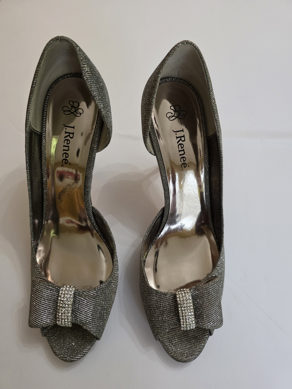 J.Renee Silver Glitter Peep-Toe Heels with Bow Accent